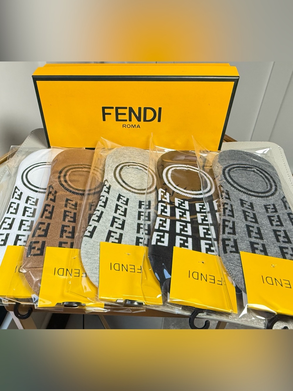 Fendi Low-Cut Logo Socks Pack - White, Brown, Cream, Black, Gray
